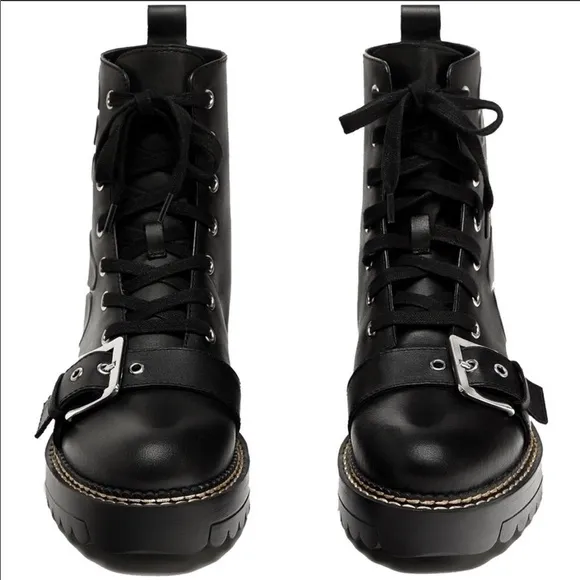 Zara Black Leather Embossed Military Style Boots size 6.5 or 37