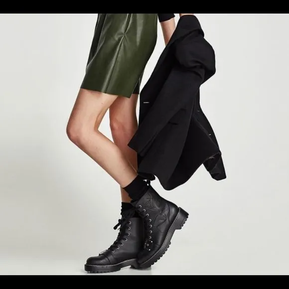 Zara Black Leather Embossed Military Style Boots size 6.5 or 37