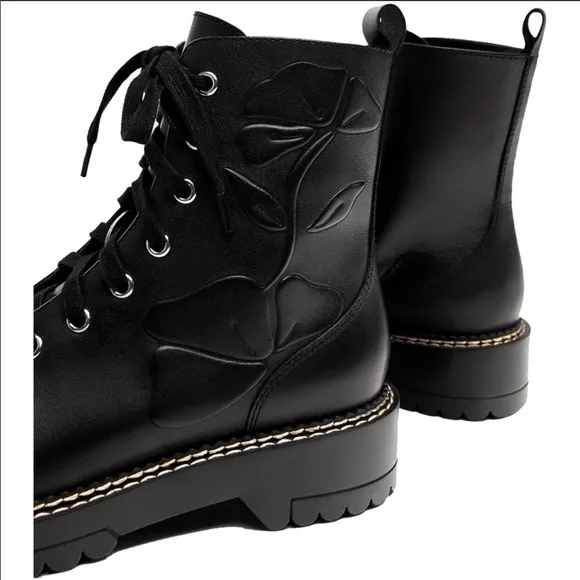 Zara Black Leather Embossed Military Style Boots size 6.5 or 37