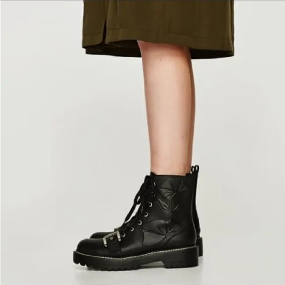 Zara Black Leather Embossed Military Style Boots size 6.5 or 37