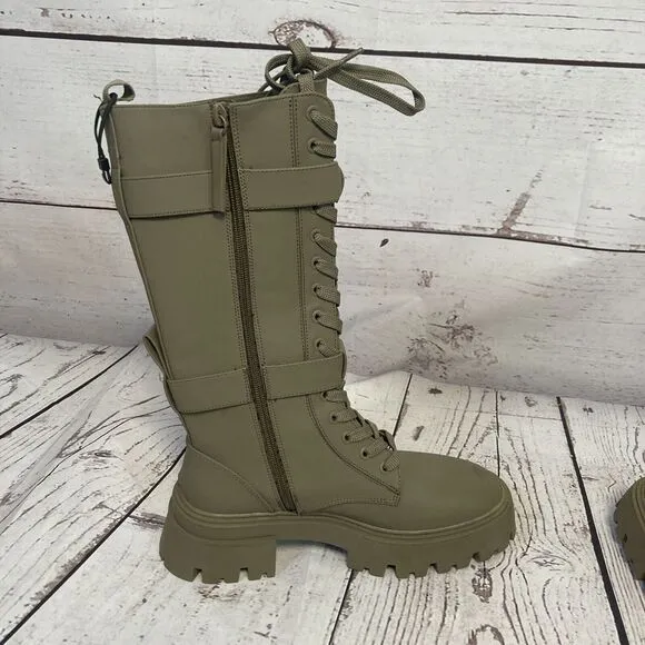 Zara Boots Womens 7 Military Green Waxed Finish Laced Boots Green Olive 2050/810
