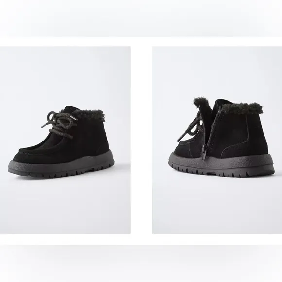 Zara Kids Black Leather Fleece-Lined Boots