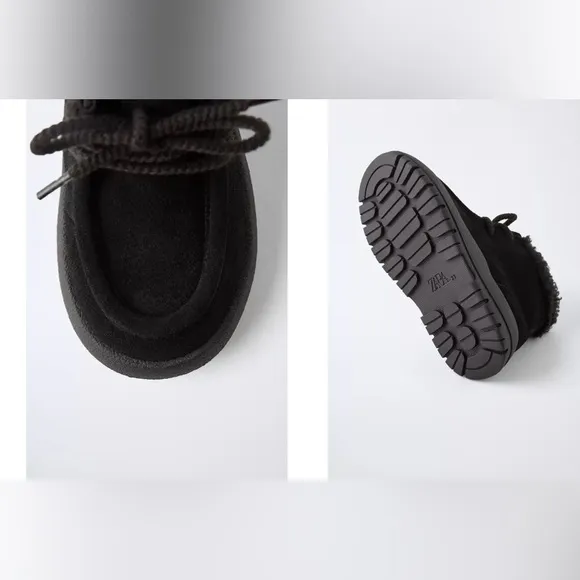 Zara Kids Black Leather Fleece-Lined Boots