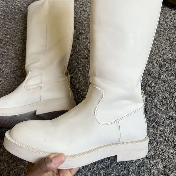 Zara Rubberized Knee High Tall Boots Platform Rain Cream White EU 37 US 6