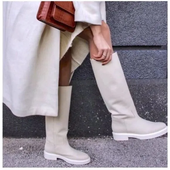 Zara Rubberized Knee High Tall Boots Platform Rain Cream White EU 37 US 6