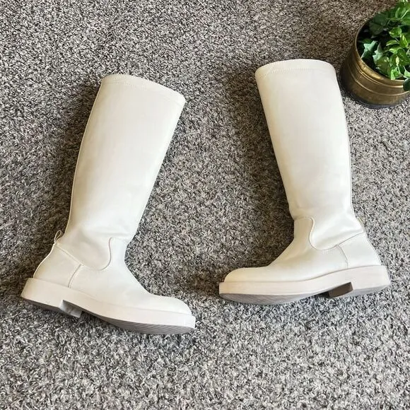 Zara Rubberized Knee High Tall Boots Platform Rain Cream White EU 37 US 6