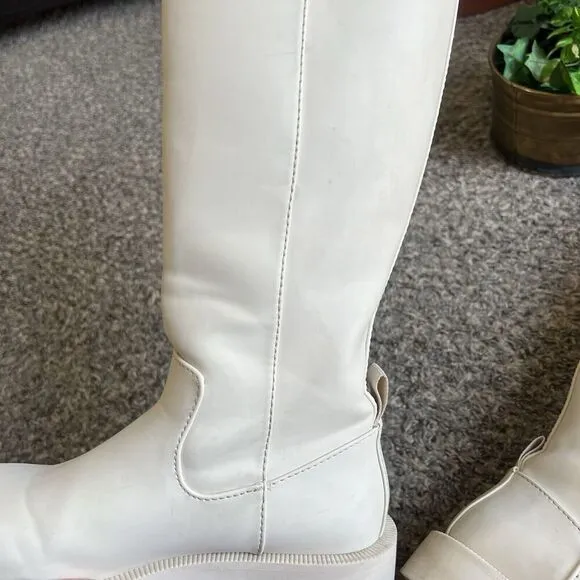 Zara Rubberized Knee High Tall Boots Platform Rain Cream White EU 37 US 6