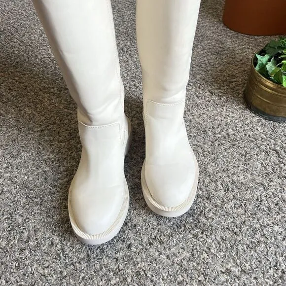 Zara Rubberized Knee High Tall Boots Platform Rain Cream White EU 37 US 6