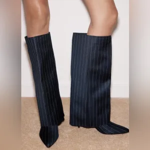 Zara Tall Fabric Boots Striped Gaiter detail Pointed toe Blue/White Size 35 NEW
