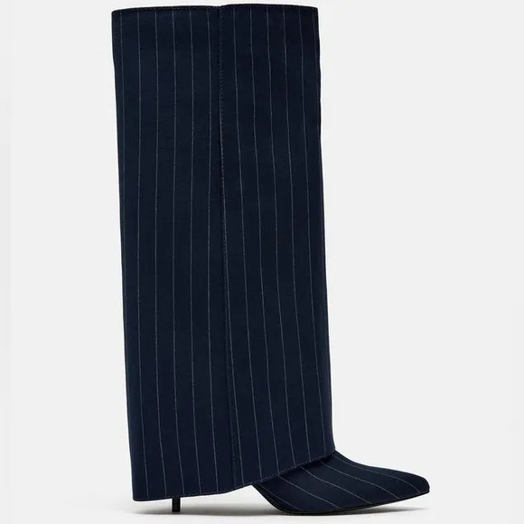 Zara Tall Fabric Boots Striped Gaiter detail Pointed toe Blue/White Size 35 NEW