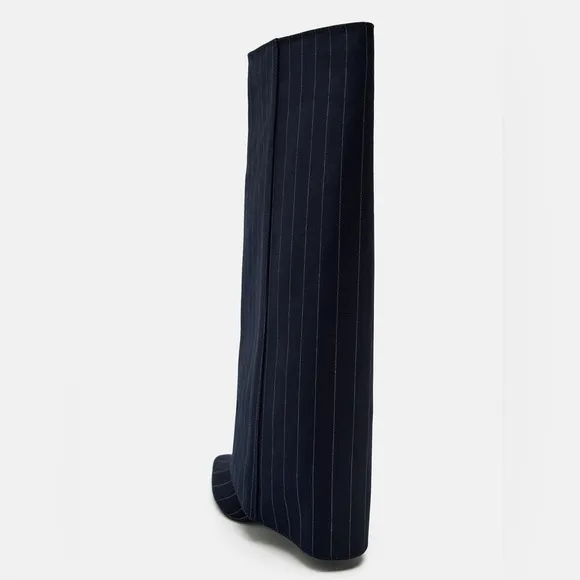 Zara Tall Fabric Boots Striped Gaiter detail Pointed toe Blue/White Size 35 NEW