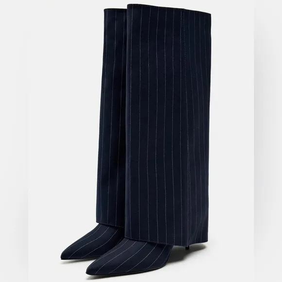 Zara Tall Fabric Boots Striped Gaiter detail Pointed toe Blue/White Size 35 NEW