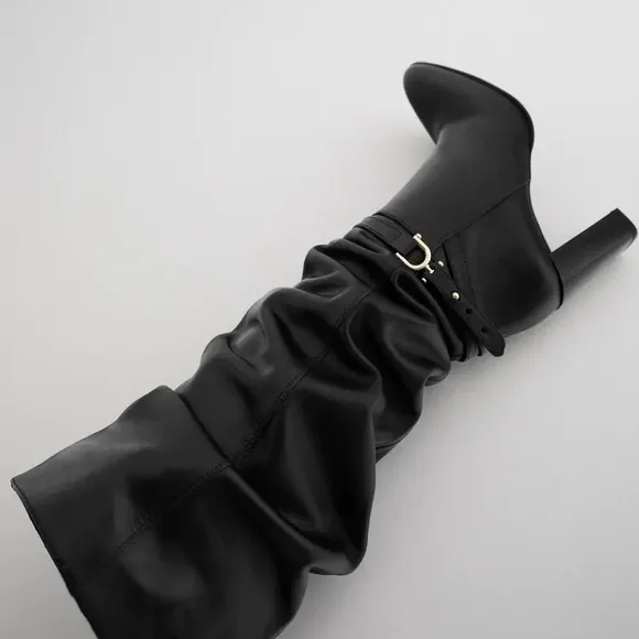 ZARA Tall Heeled Genuine Leather Boots With Saddle