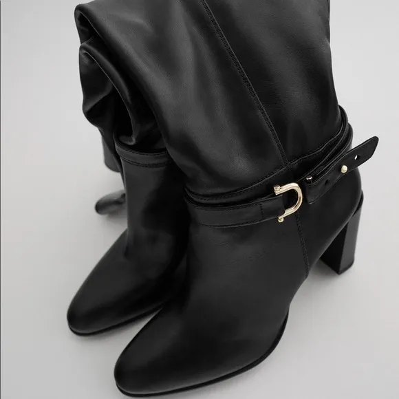 ZARA Tall Heeled Genuine Leather Boots With Saddle