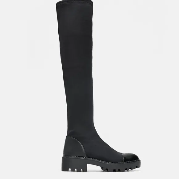 Zara TRF  tall over the knee boots round toe block heel half zip leather  sz 9