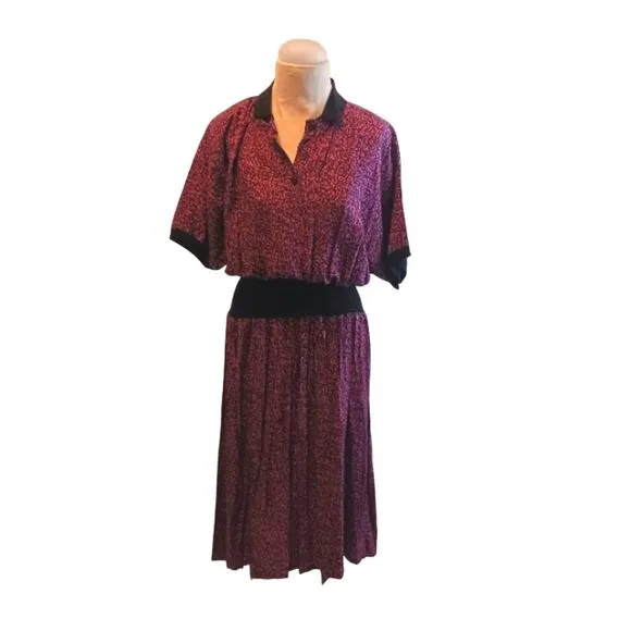 Zashi Vintage Dress Sz L PLUM Collar MAXI Pleated LONG Career Church Lady Boho