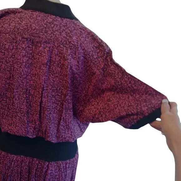 Zashi Vintage Dress Sz L PLUM Collar MAXI Pleated LONG Career Church Lady Boho