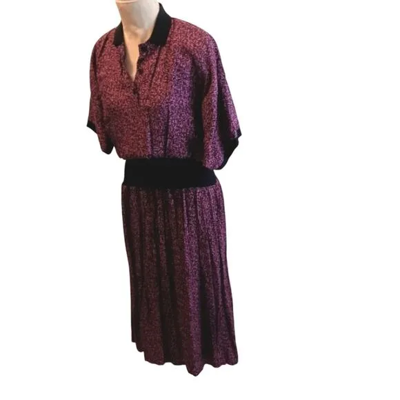 Zashi Vintage Dress Sz L PLUM Collar MAXI Pleated LONG Career Church Lady Boho