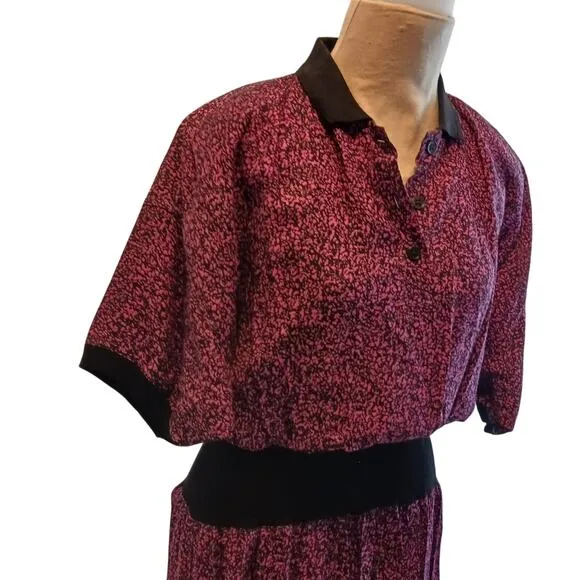 Zashi Vintage Dress Sz L PLUM Collar MAXI Pleated LONG Career Church Lady Boho