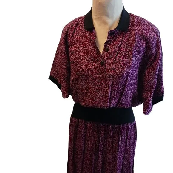 Zashi Vintage Dress Sz L PLUM Collar MAXI Pleated LONG Career Church Lady Boho