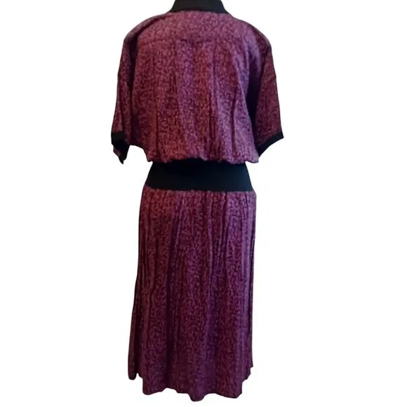 Zashi Vintage Dress Sz L PLUM Collar MAXI Pleated LONG Career Church Lady Boho