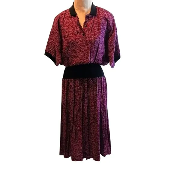 Zashi Vintage Dress Sz L PLUM Collar MAXI Pleated LONG Career Church Lady Boho