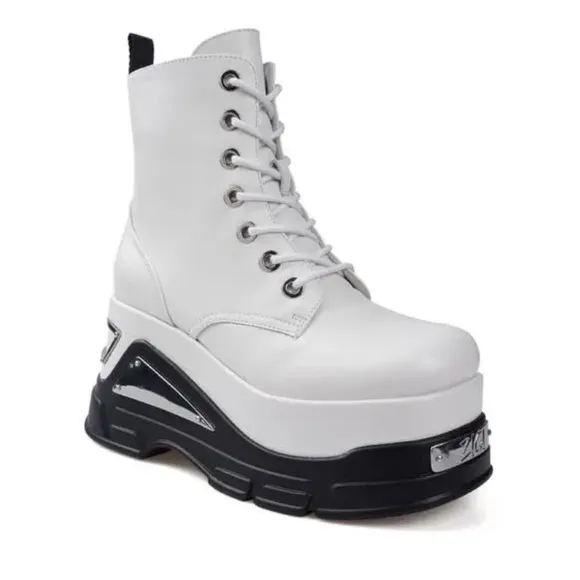 ZIGI Cataleya Platform Combat Lace Up Chunky Biker Boot White Leather $350 US 7